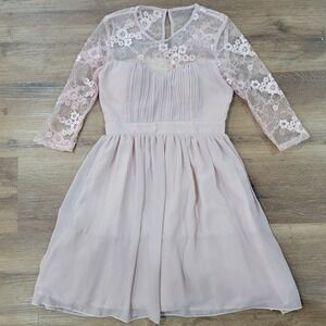 London Dress Co Floral Lace Overlay Pleated Midi Dress Blush Pink Women's Size 6